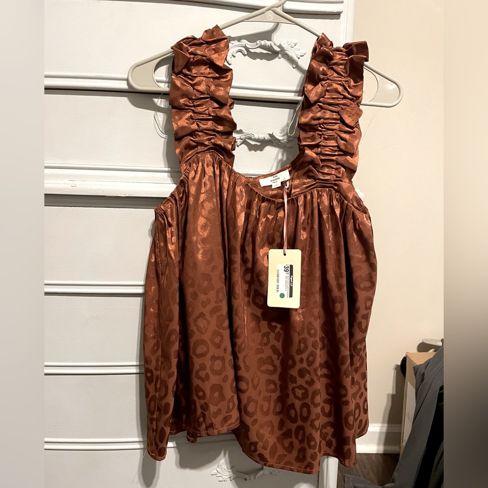 Bronze leopard satin shirt with detailed shoulders NWT